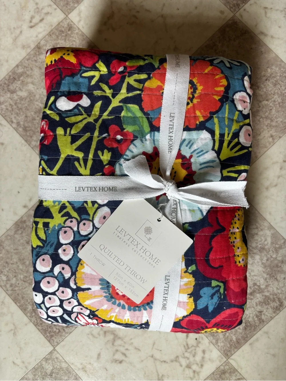 Levtex Navy Night Garden Floral Quilted Throw Blanket Red Yellow & Green Accents